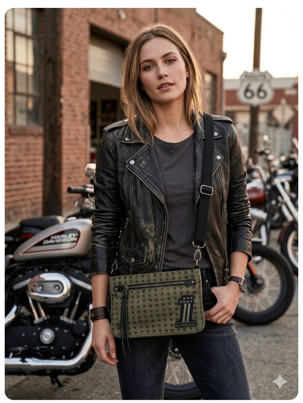 Harley-Davidson Black and Olive Star Pattern Crossbody Bag